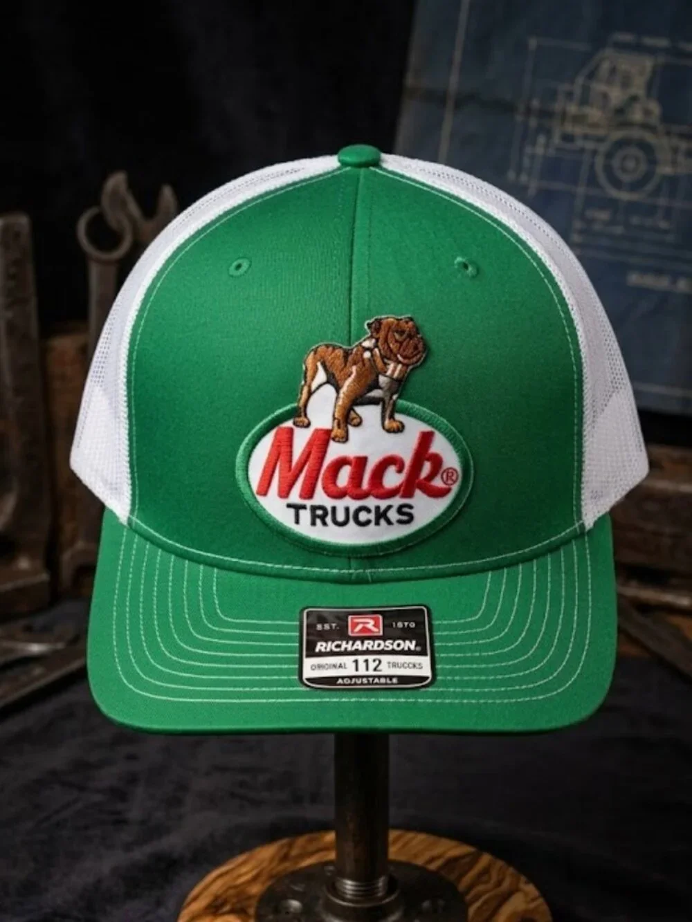 Retro Bulldog Trucks Patch Hat Green White Richardson 112 Semi Snapback Big Rig